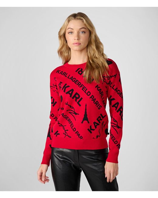 Karl Lagerfeld Red | Women's Tossed Logo Crewneck Sweater | Admiral/black | Rayon/nylon | Size 2xs