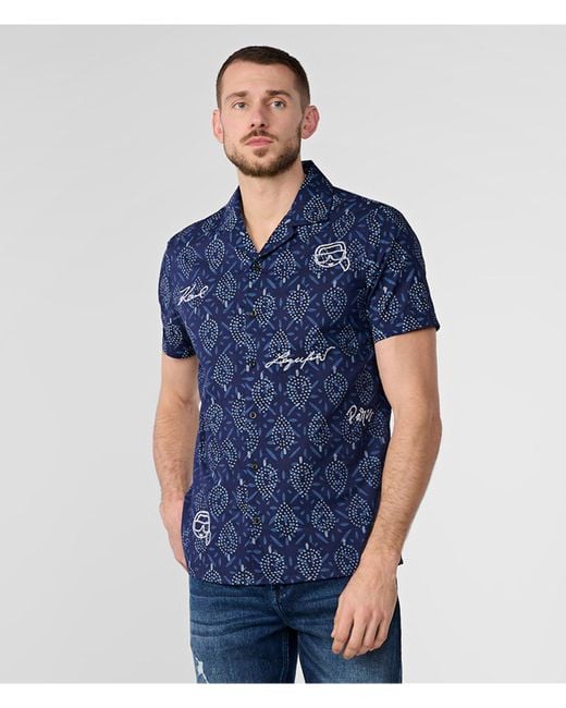 Karl Lagerfeld | Men's Leaf Print Short Sleeve Shirt With Embroidery | Blue | Size Xs for men
