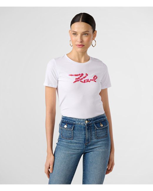 Karl Lagerfeld Blue | Women's Contrast Daisies Logo T-shirt | White | Cotton/spandex | Size 2xs