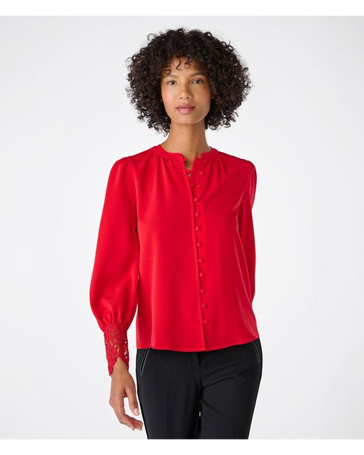 Karl Lagerfeld | Women's Silky Crepe Lace Cuff Blouse | Admiral Red | Size Xs