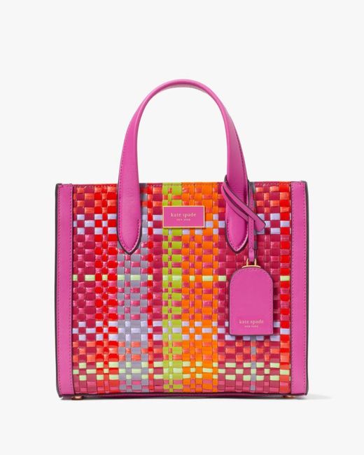 Kate Spade Red Manhattan Madras Plaid Woven Straw Small Tote