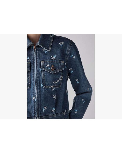 Kate Spade Blue Vibrant Buds Embroidered Denim Jacket