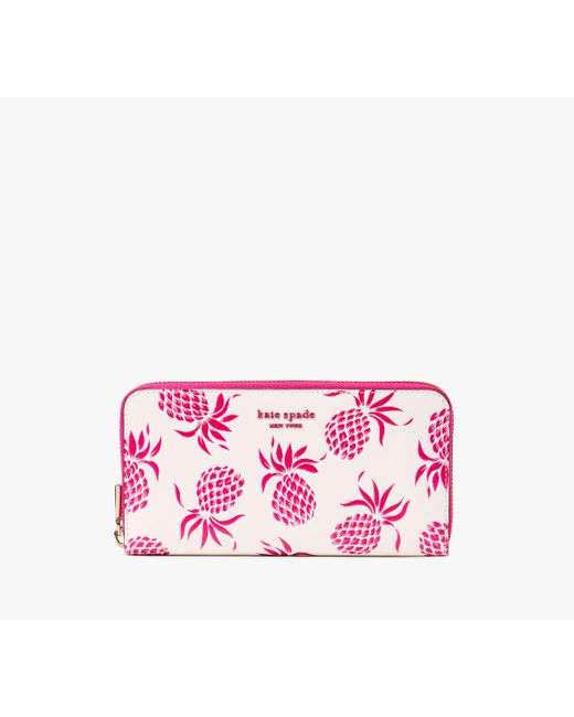 Kate Spade Pink Morgan Portemonnaie im Querformat mit Rundumreißverschluss und Ananasprägung