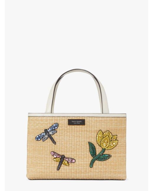 Kate Spade Natural Sam Icon Dragonfly Embellished Straw Small Tote