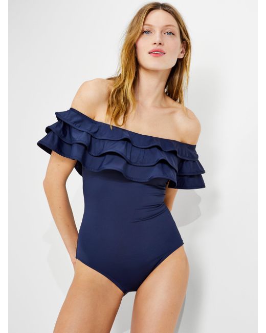 Kate Spade Palm Beach Ruffle Off the shoulder One piece In Blue Lyst 