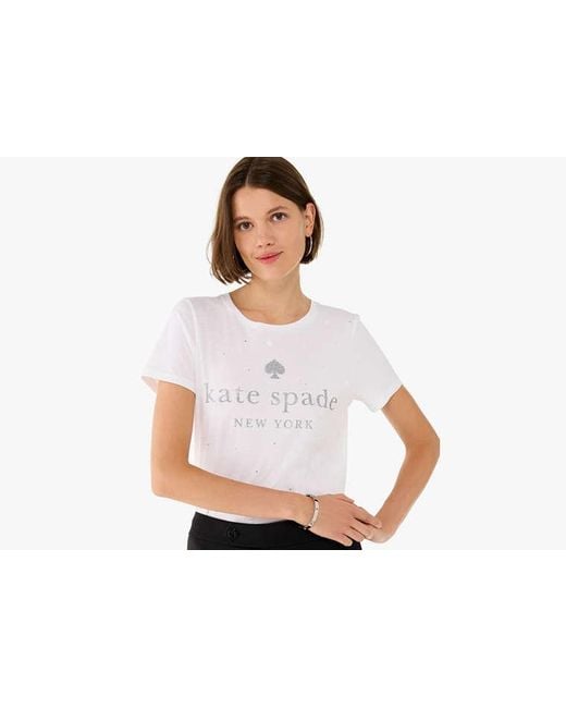 Kate Spade White Glitter Embellished T-Shirt Mit Logo
