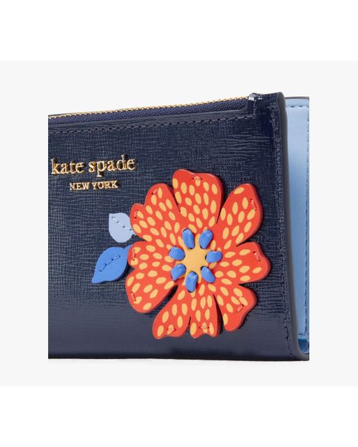 Kate Spade Blue Dottie Bloom Flower Applique Small Slim Bifold Wallet