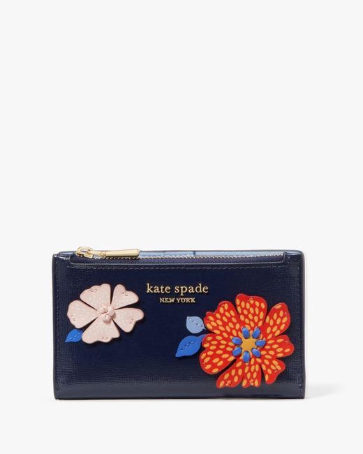 Kate Spade Blue Dottie Bloom Flower Applique Small Slim Bifold Wallet