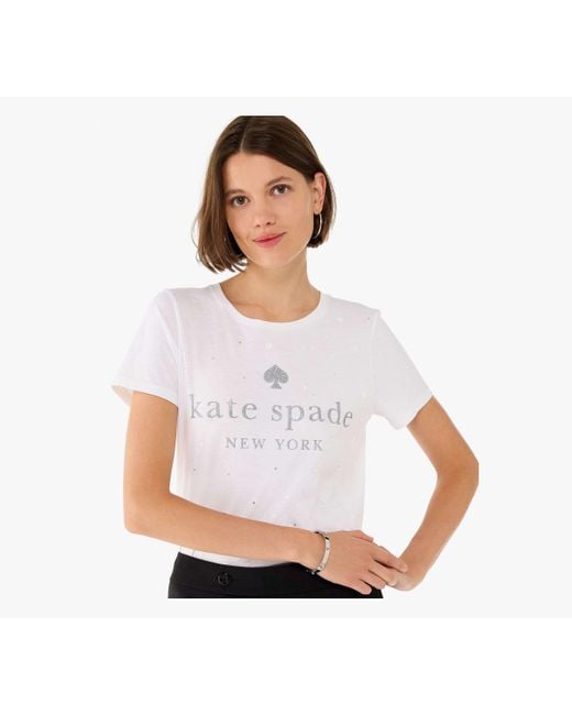 Kate Spade White Glitter Embellished T-Shirt Mit Logo