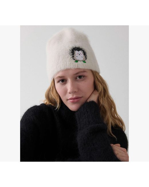 Kate Spade White Hedgehog Patch Brushy Beanie