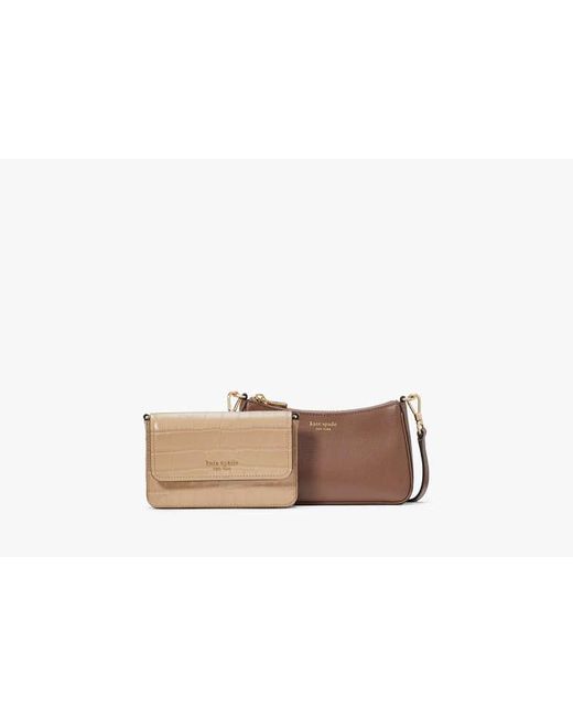 Kate Spade Black Double Up Croc Embossed Crossbody, Warm Acorn