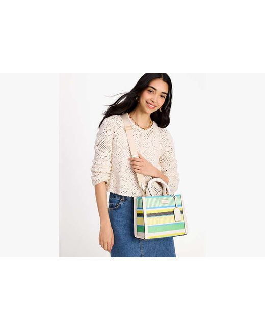 Kate Spade Green Manhattan Striped Woven Straw Small Tote