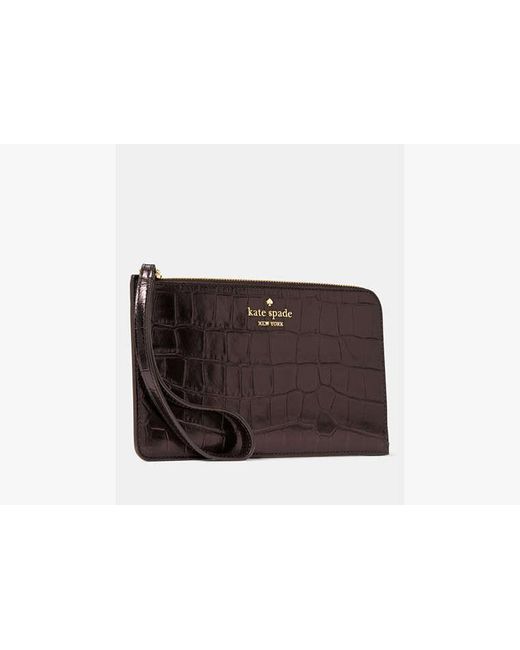 Kate Spade Black Lucy Croc Embossed Medium L-Zip Wristlet