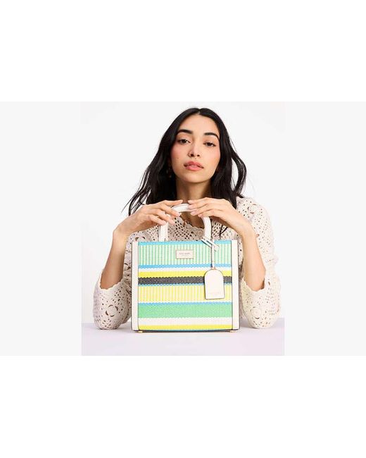 Kate Spade Green Manhattan Striped Woven Straw Small Tote