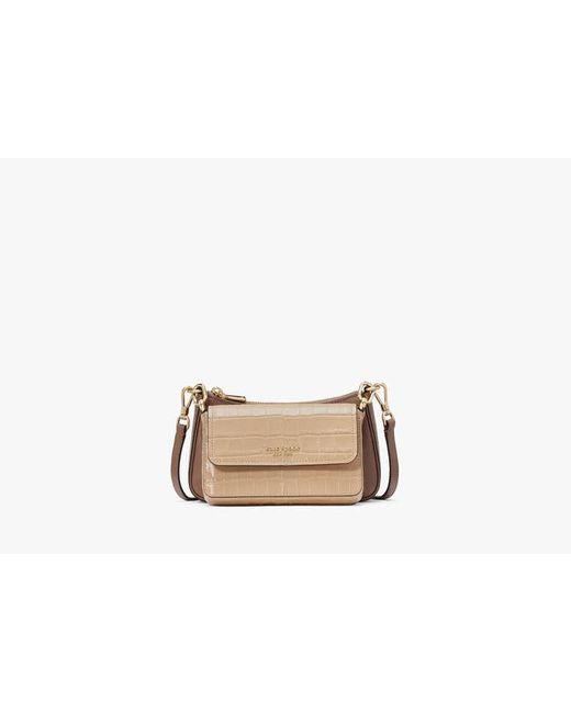 Kate Spade Black Double Up Croc Embossed Crossbody, Warm Acorn