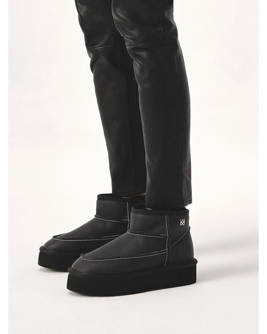 Kazar Black Schneestiefel Aus Schwarzem Leder Mit Weißen Fäden