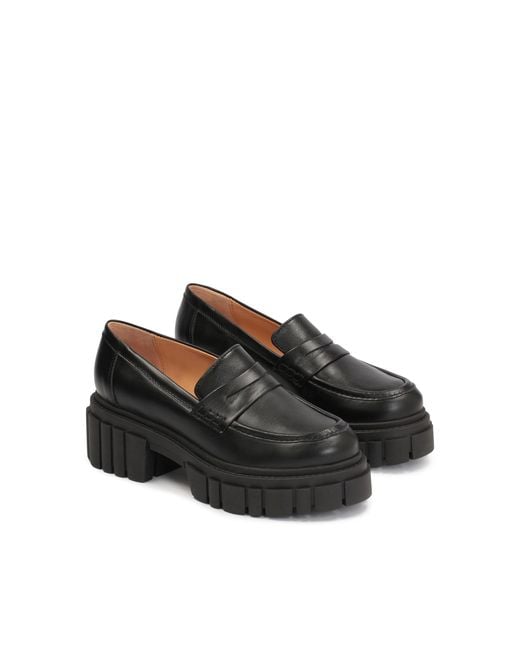 Kazar Black Schwarze Damenschuhe Aus Leder Mit Dicker Geriffelter Sohle