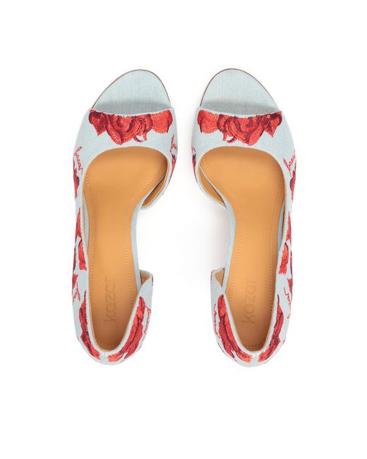 Zapatos Peep Toe De Tela Vaquera Con Flores Bordadas Kazar de color White