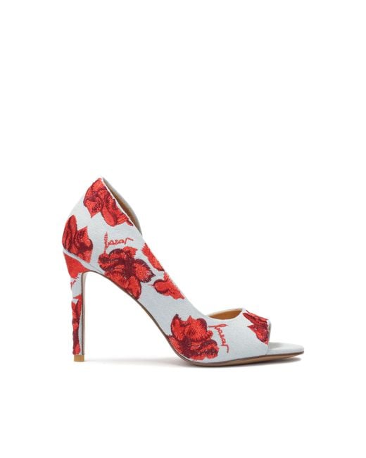 Zapatos Peep Toe De Tela Vaquera Con Flores Bordadas Kazar de color White