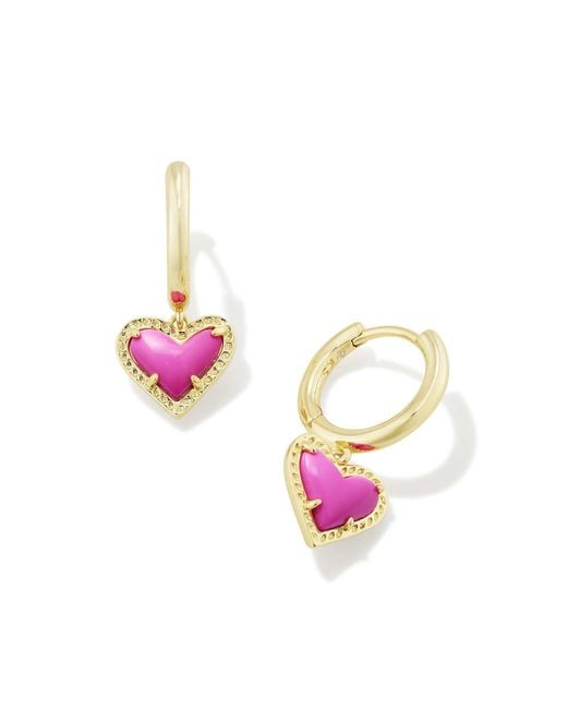Kendra Scott Ari Heart Gold Huggie Earrings Neon Pink | Magnesite