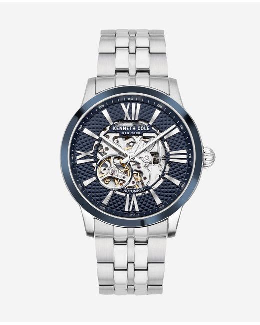 Cole Blue + Silver Automatic Skeleton Watch With Stainless