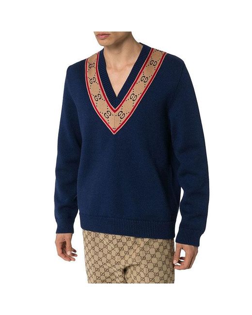 Gucci Blue Gg V-Neck Wool Sweater