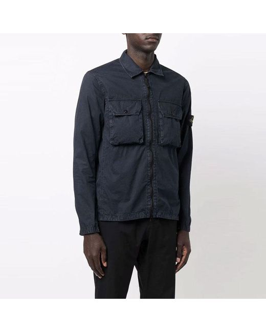 Stone Island Blue 2 Pocket Brushed Cotton Shirt Jacket for men