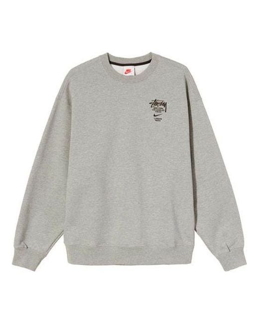 Stussy Gray X Nike Crossover Embroidered Alphabet Logo Loose Pullover Round Neck Fleece Lined Asia Edition