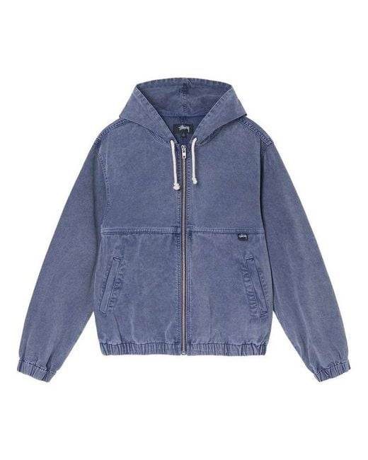 Stussy Blue Ss22 Stone Washed Work Jacket Bue Metaic Zipper Hooded Jacket for men