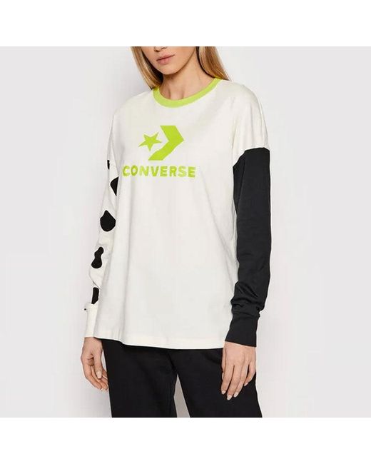 Converse White (Wmns) Large Logo Printing Splicing Contrasting Colors Loose Round Neck Long Sleeves T-Shirt