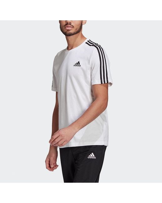 Adidas White M 3S Sj T Sports Training Stripe Round Neck Short Sleeve for men
