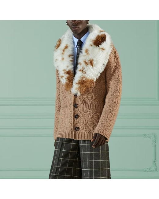 Gucci Natural Wool Knit Coat With Shearling Collar 'Neutrals' for men