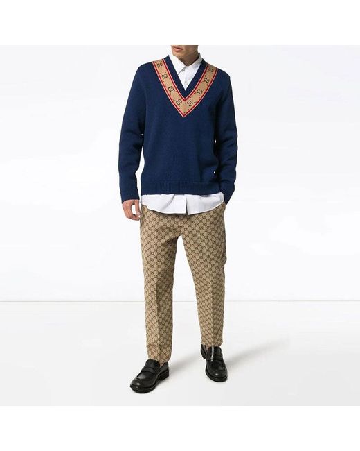 Gucci Blue Gg V-Neck Wool Sweater