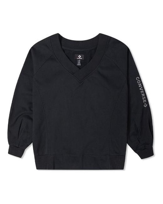 Converse Black (Wmns) Solid Color Loose Knit V Neck Hoodie
