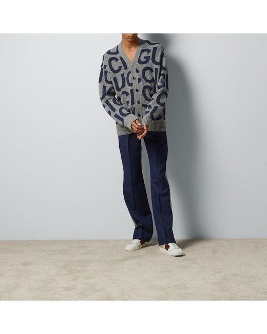 Gucci Blue Wool Cardigan With Intarsia for men