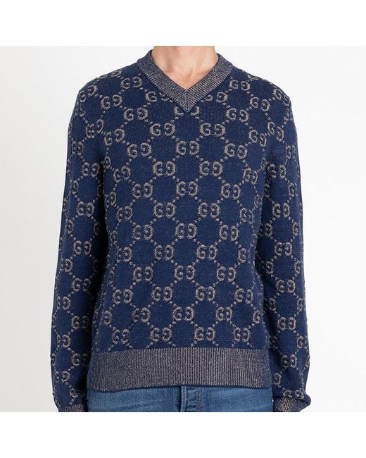 Gucci Blue Gg Jacquard Pull Knit For for men