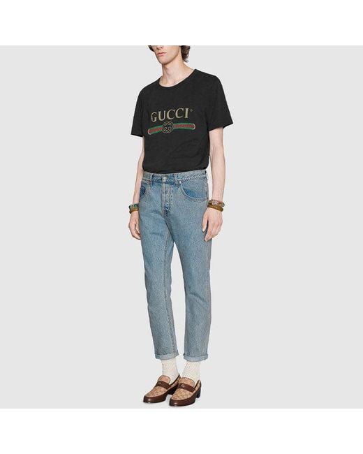 Gucci Black Distressed Fake Logo T Shirt for men