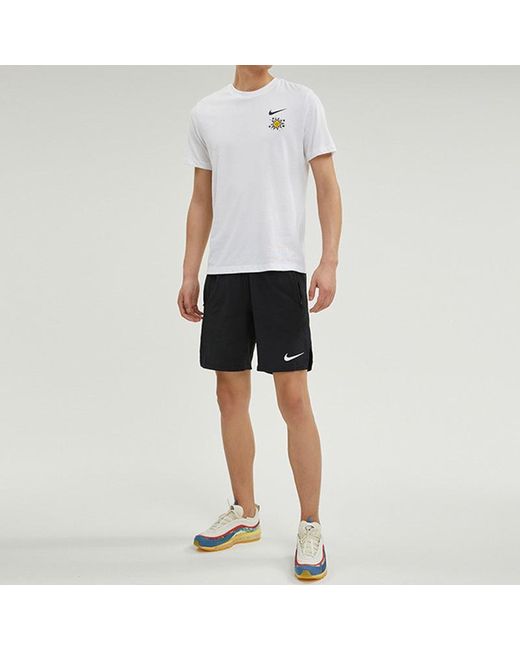 Nike White Cartoon Sun Hand Printing Pattern Alphabet Round Neck Short Sleeve T-Shirt for men