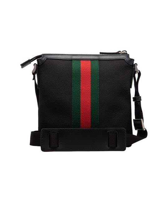 Gucci Black Stripe Webbing Leather Logo Canvas Shoulder Messenger Bag for men