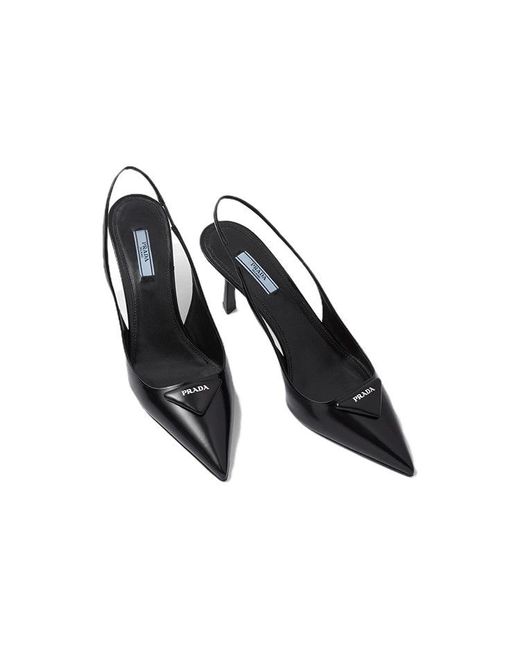 Prada Black (Wmns) Patched Logo Brushed Leather Slingback Heels