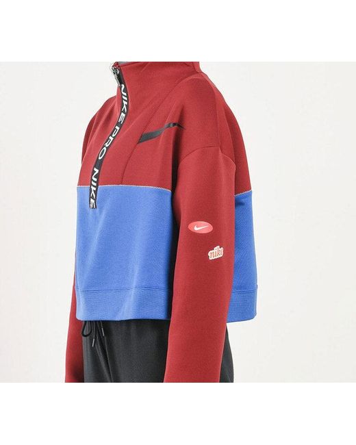 Nike Red (Wmns) Pro Get Fit Dri-Fit Knit Colorblock Splicing Half Zipper Stand Collar Pullover