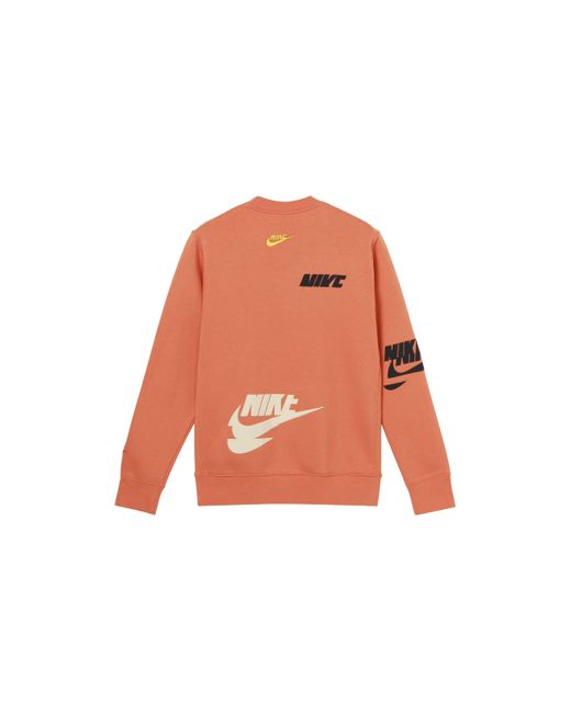 Nike Orange Sportswear Sport Logo Printing Fleece Round Neck Pullover for men
