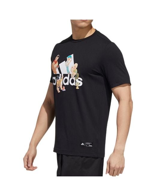 Adidas Black Cartoon Alphabet Logo Printing Round Neck Short Sleeve T-Shirt for men