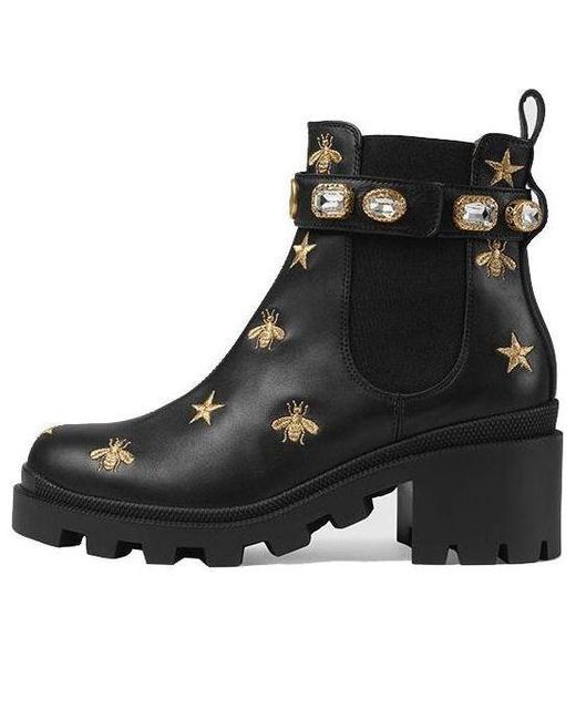 Gucci Black Stars And Bee Embroidered Leather Ankle Boot With Belt