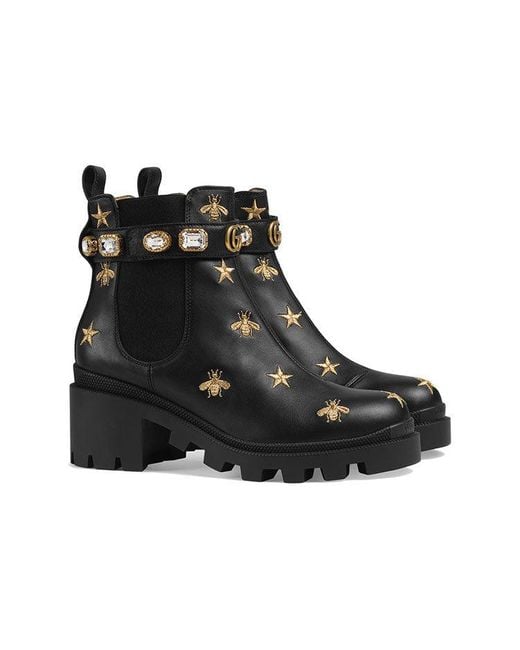 Gucci Black (Wmns) Stars And Bee Embroidered Leather Ankle Boot With Belt