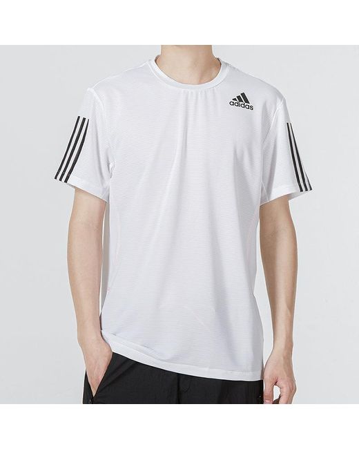 Adidas White Solid Color Stripe Logo Micro Mark Athleisure Casual Sports Round Neck Short Sleeve for men