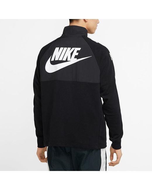 Nike Black Sportswear Hybrid Fleece Lined Large Logo Zipper Cardigan Splicing Pullover for men