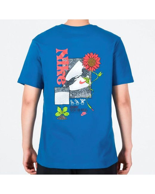 Nike Blue Logo Plant Flowers Pattern Printing Round Neck Casual Short Sleeve Sky T-Shirt for men