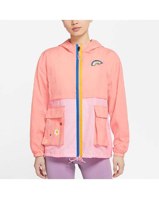 Nike Pink (Wmns) Sportswear Icon Clash Pattern Embroidered Contrasting Colors Light Woven Hooded Jacket Deep
