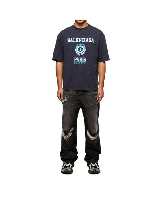 Balenciaga Blue Varsity Logo Short Sleeve T-Shirt for men